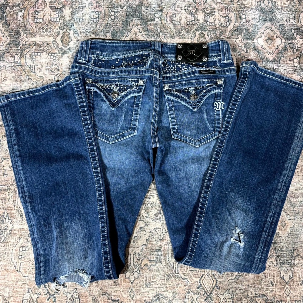 Miss Me Jeans Women's 29x32 Blue Cotton Denim Bootcut Western Distressed Studded
